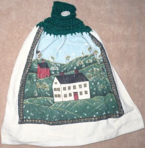 1 Crochet Top Hanging Kitchen Towel Buildings Countryside, Single paddy green ya - Picture 1 of 1