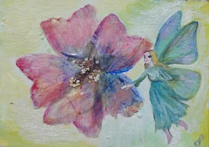 ACEO painting collage Dora Pilssala figure fantasy Fairy by mallow flower - Picture 1 of 1