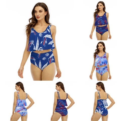 Buffalo Bills Womens 2PCS Ruffled Tank Swimsuit High Waist Bikini Bathing Suit Cover
