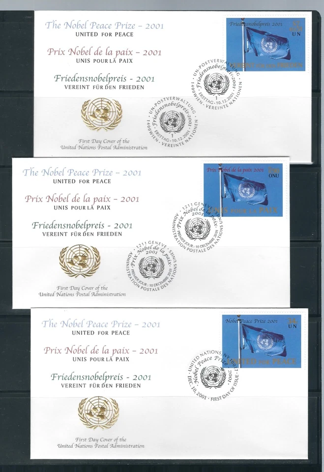 UN SC # NY 816, Geneva 384,  Vienna 301 Nobel Peace Prize 2001 FDC . UNPA Covers - Image 1 of 1