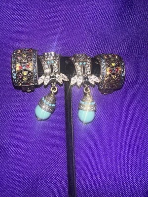 Heidi Daus Bronze Clip On Earrings Turquoise Art Deco Multi Color Rhinestones - Image 1 of 4