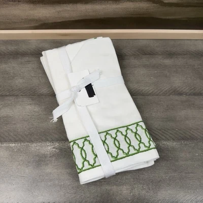 Williams Sonoma Embroidered Lattice Dinner Napkins Set/4 Green Spot Read OB - Image 1 of 4