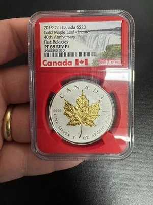 Canadá NGC PF69 REV PF 2019 $20 Gold Maple Leaf-Incuse 40 aniversario FR Foto 1 de 2