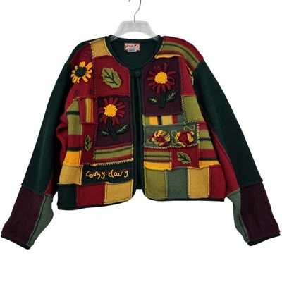 Cárdigan Suéter April Cornell Lana Talla ML Verde Multi Patchwork Floral De Colección Foto 1 de 4