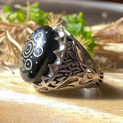 silver ring 925 sterling silver mens ring yemeni man jewelry black coral stone - Image 1 of 4