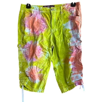 Pantalones Cortos Carga Mujer Talla 10 Verde Tie Dye Bermudas Hippie Viaje Reciclado Foto 1 de 4
