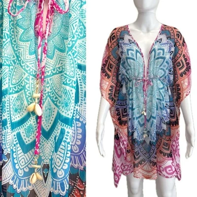 Bleu Rod Beattie Cover Up Caftan Tamanho Pequeno Transparente Colorido Boho Swim Cover Up - Imagem 1 de 4