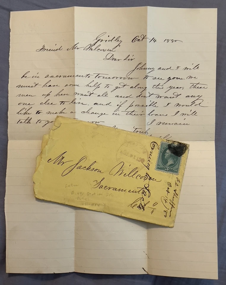 RARE 1880 BIGGS STATION BUTTE CALIFORNIA COVER TO SACRAMENTO WITH LETTER - Image 1 of 4