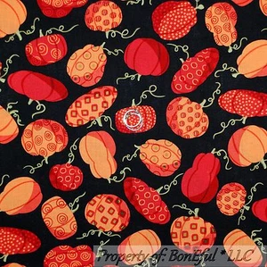 BonEful Fabric FQ Cotton Quilt Black Orange Small Pumpkin Halloween Thanksgiving - Picture 1 of 13