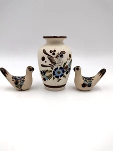 Tonala Bird Vase & 2 Bird Figurines Flowers Sandstone Mexican Signed Set of 3 - Picture 1 of 12