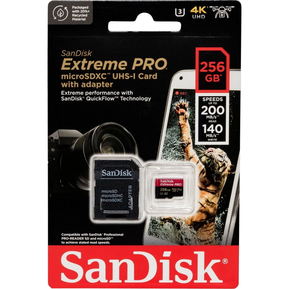 Sandisk Micro SDXC Karte 256GB Extreme Pro UHS-I U3 4K 200 MB/s V30 A2 Class 10 - Bild 1 von 1