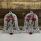2 Vintage Christmas Ornament Bells With Angel Holding A Candle 4? Tall Cute