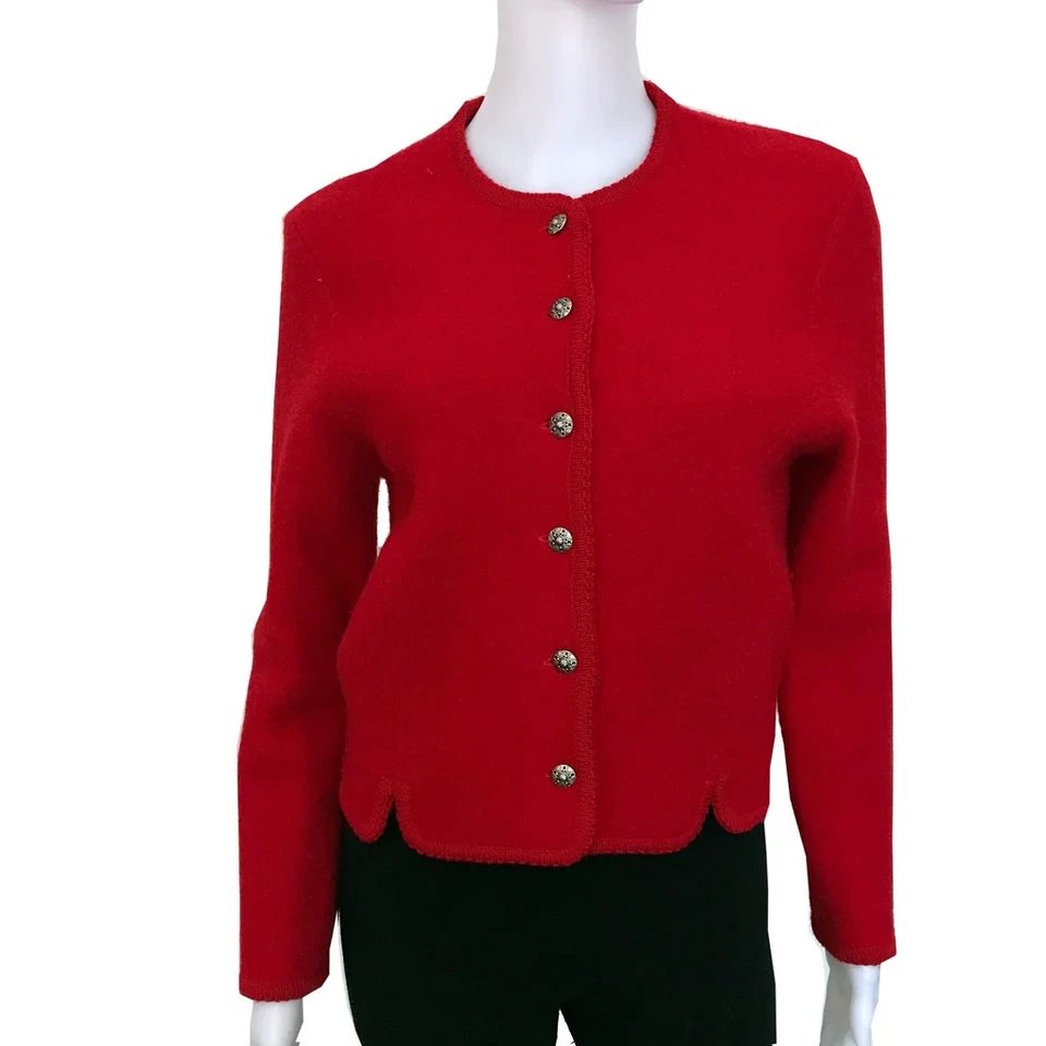 Vintage 1980s Red Wool Jacket With Scalloped Trim S Long Sleeves Silver Buttons - Image 1 of 4