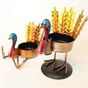 Thanksgiving Turkey Tea Light Candle Holder Set Fall Rustic Metallic Set of 2 - Picture 1 of 10