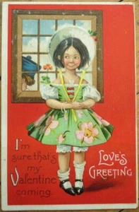 Kleines Mädchen am Fenster, Valentinstag Besuch 1910 Postkarte, geprägte Farblitho - Bild 1 von 1