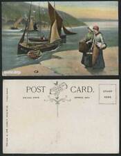 Sailing Vessels Fishing Boats, Fishermen On The Jetty Women Fishery Old Postcard
