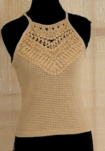 Shein Beige Waffle Weave Crochet Neckline Cami Halter Top Size M (6) - Picture 1 of 7