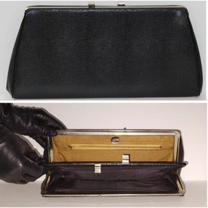 Vintage 60er Garay Clutch Handtasche Doppelverschluss schwarz Struktur Lack Tasche - Bild 1 von 13