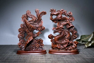 4.7" Collect China Box-Wood Hand Carving Animal Dragon and Phoenix Staue - Image 1 of 4