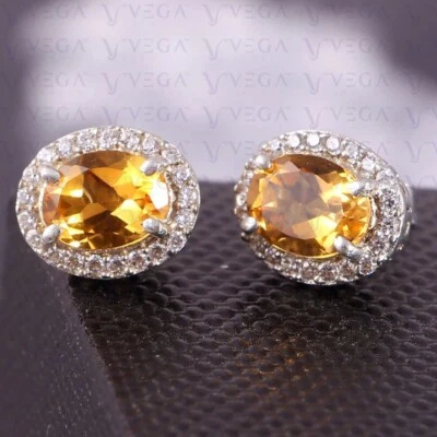 Pendiente de oro blanco macizo de 14 quilates con halo de citrino natural y diamantes de corte ovalado de 3,63 quilates Foto 1 de 4