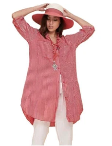 Vestido camisero italiano de verano a rayas de algodón Lagenlook para dama. - Imagen 1 de 9
