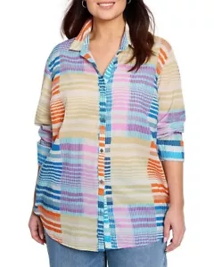 NIC+ZOE Plus Sunset Stripe Boyfriend Shirt Tunic Top Long Sleeve 2X-PS 278326 - Picture 1 of 11