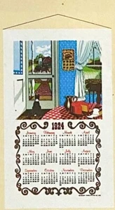 Vtg LINEN Calendar 1924 Tea Towel By Hickory Farms Cat In Kitchen In Box Repro - Picture 1 of 5