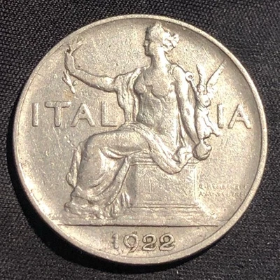 1922 年 R 版意大利 1 里尔镍币 - 状况完好(非常好) — 第 1/4 张图片