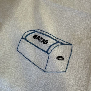 Vintage Hand Embroidered Kitchen Tea Towel Baking Bread Box Kitchy Blue Large - Picture 1 of 11