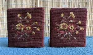 Vintage Pair of Handmade Needlepoint Florals on Brown Bkgrd - Picture 1 of 21