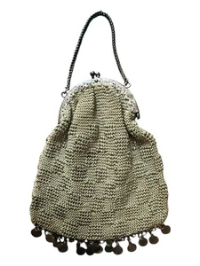 Cartera de mano de noche con cuentas bordada de malla metálica de colección con flecos Art Deco con aleta - Imagen 1 de 12