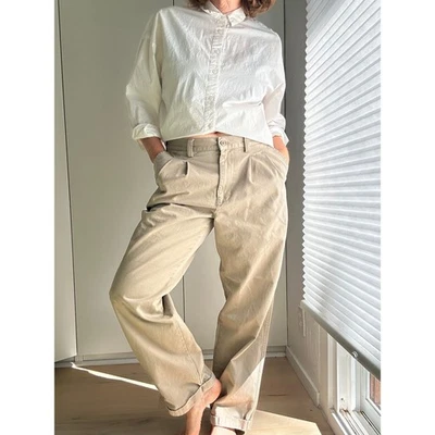 Y2K GAP 男式 Chinos 尺码 34/32 卡其色打褶铐经典 Twee 学院风 休闲 — 第 1/4 张图片