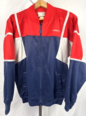 Chaqueta De Colección Adidas Calentamiento M Rojo Blanco Azul Cremallera Capucha Atlética Pista Foto 1 de 4