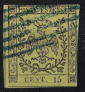 1852 ASI Modena e Reggio 15 cent giallo Sassone 3 usato - Imagen 1 de 1