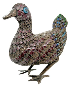 Chinese Export Sterling Silver Multi Color Enamel Duck Figurine 110.34g ~3" EUC - Picture 1 of 5