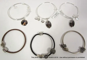 LOT 6 BRACELETS Pandora Silver Bangle & Cable w/ Charms + Alex and Ani Saints - Picture 1 of 5
