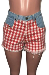 Switch Brand contempo casuals Vintage Red Gingham Patchwork Denim Jeans Shorts 9 - Picture 1 of 4