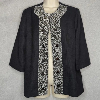 Maggie Sweet Beaded Embellished Black Textured Open Front Jacket Size L - Image 1 of 4