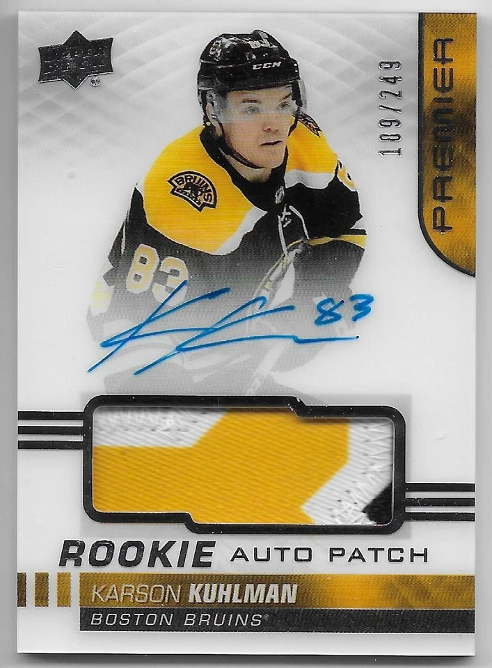19/20 UPPER DECK PREMIER ROOKIES AUTOGRAPH PATCH RC Karson Kuhlman #189/249 3CLR - Image 1 of 1