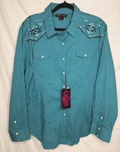 Rock & Roll Cowgirl Women's Embroidered Pearl Snap Shirt Teal BLUE NEW~ Size XXL - Picture 1 of 10