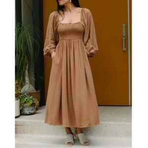 Rachel Pally Louise Dress Smocked Long Sleeve Nutmeg Brown Midi - Picture 1 of 8