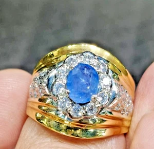 Natural Ceylon 3 ct Sapphire Gold Platted Silver 925 Beautiful Ring Men's Wear . - Picture 1 of 8