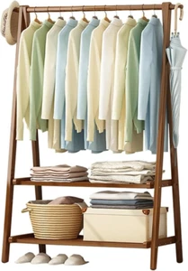 Folding Bamboo Wooden Clothes Rail Rack Garment Hanging Stand Shoe Storage Shelf - Picture 1 of 25