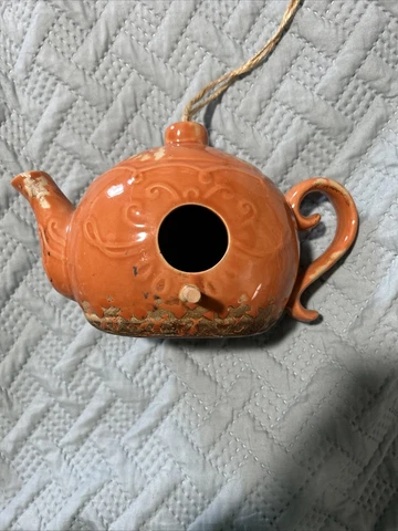 Vintage Orange Rustic Ceramic Teapot Birdhouse 9” Cover