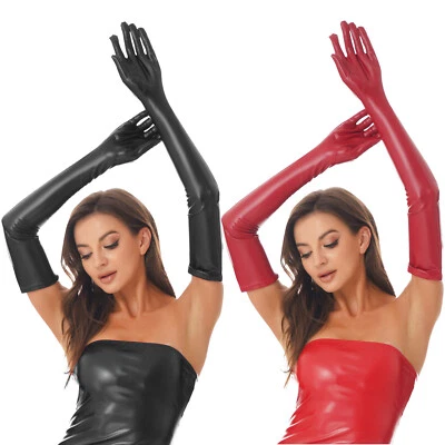 Women Faux Leather Sexy Long Gloves Wet Look Elbow Length Long Gloves Clubwear - Image 1 of 3