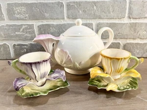 Vintage Lego Purple & Yellow Flower Tea Cup And Saucer Demitasse Cup W/ Tea Pot - Picture 1 of 18