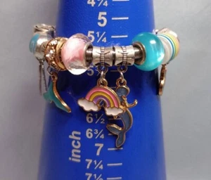 Beaded Silver Tone Stretch Bracelet Enamel Charms: Mermaid Swan, Heart, Rainbow  - Picture 1 of 11