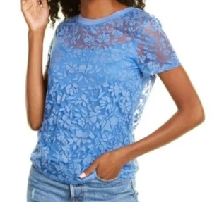 Blusa Laundry By Shelli Segal Talla XL Azul Manga Gorra Encaje Transparente Superposición Cami - Imagen 1 de 8