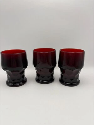 3 Vintage Anchor Hocking Ruby Red Glass Georgian Honeycomb 4.25" 9oz Tumbler EUC - Image 1 of 4