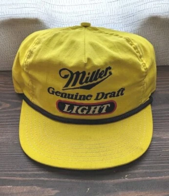 ВИНТАЖНЫЙ Miller подлинный проект шляпа крышка ремень бейсболки желтый черный веревки пива мужской - Изображение 1 из 4